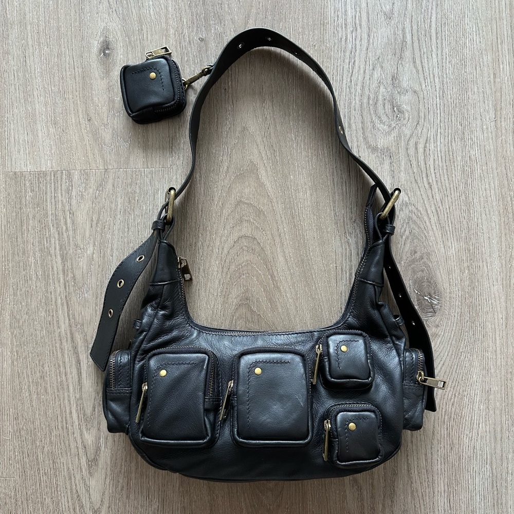 Nunoo Black Leather Shoulder Bag with Gold Hardware